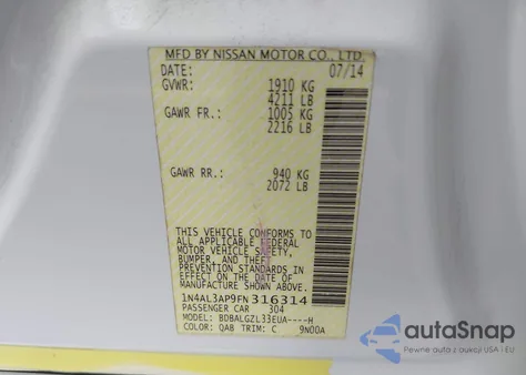 2015 Nissan Altima 2.5 S из США, поврежденный, VIN 1N4AL3AP9FN316314